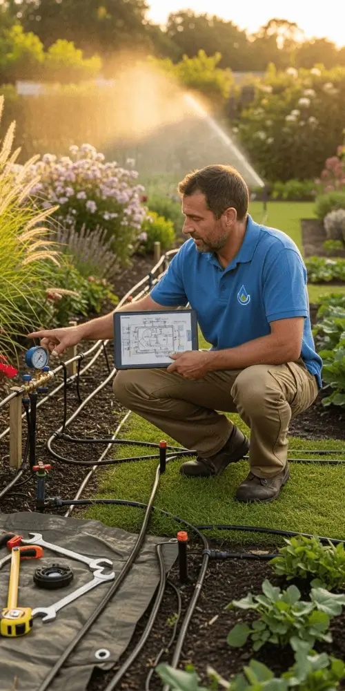 Especialista em irrigação analisando projeto